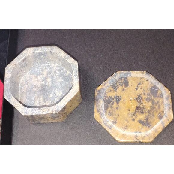 Vintage Stone Octagon Trinket Box with Inlaid Floral Design Brown Marble - Picture 3 of 3